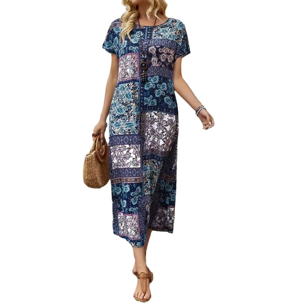 Long Printed Short Sleeve Round Neck Dress