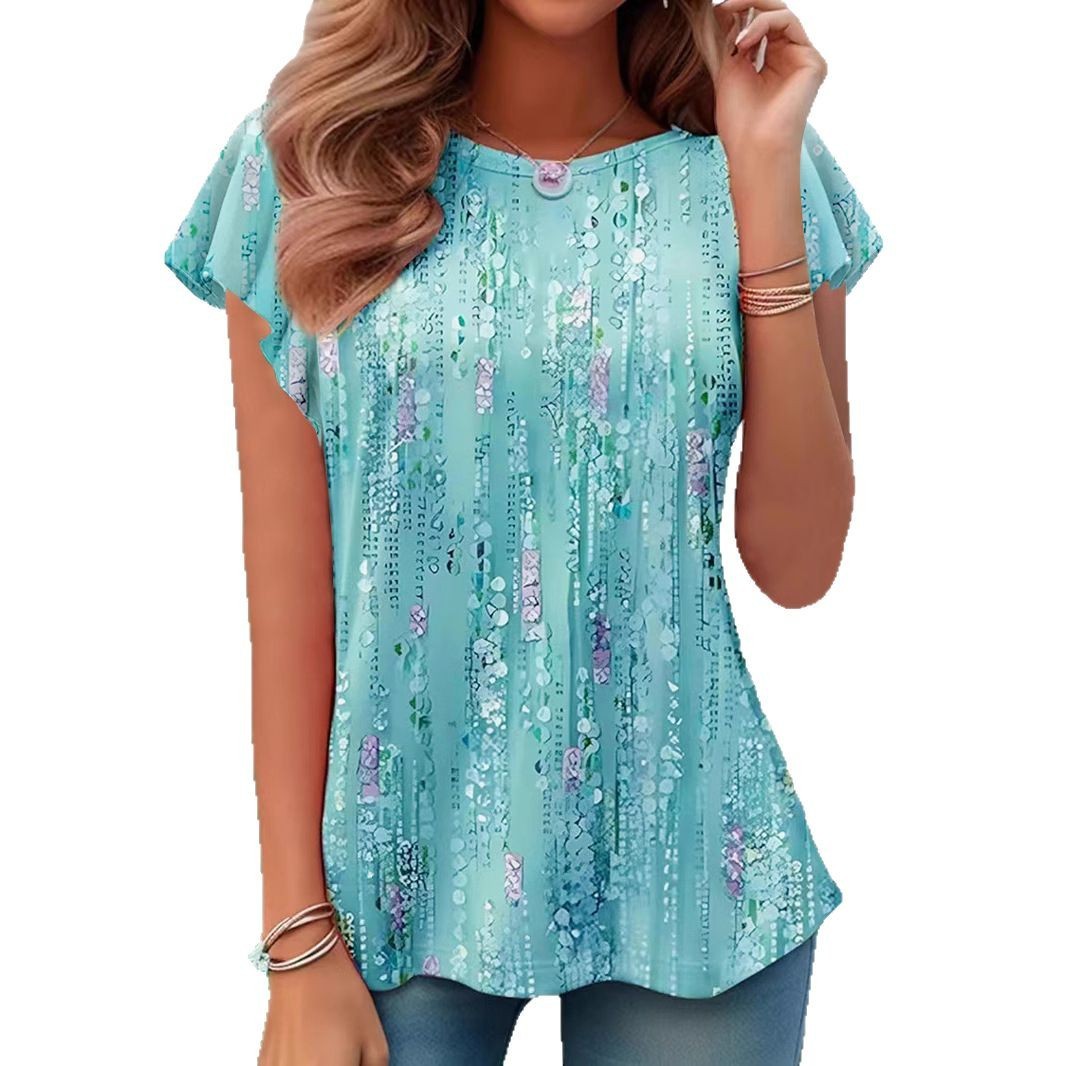 Casual And Sweet Commuter Round Neck Flying Sleeves Short Sleeve