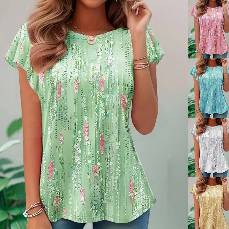 Casual And Sweet Commuter Round Neck Flying Sleeves Short Sleeve