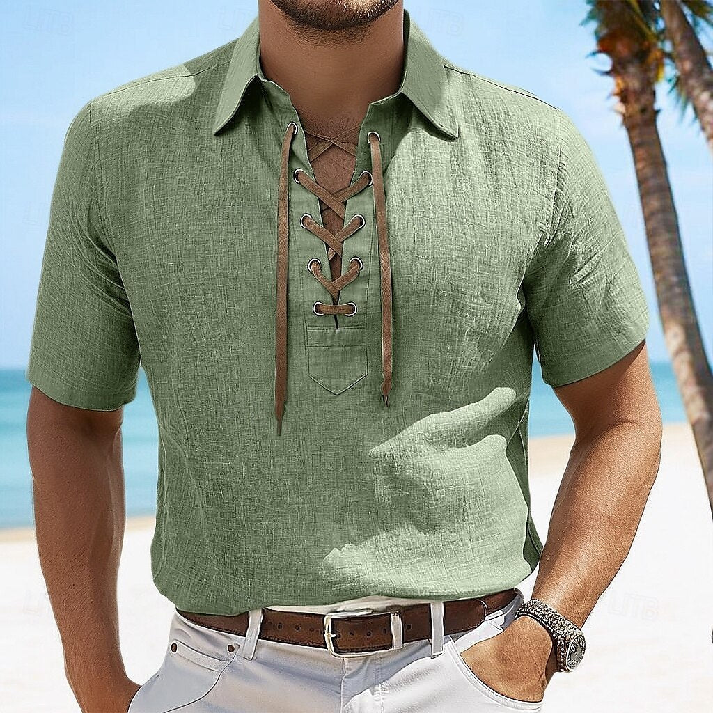 Men's Cotton And Linen Lapel Loose V-neck Lace Shirt