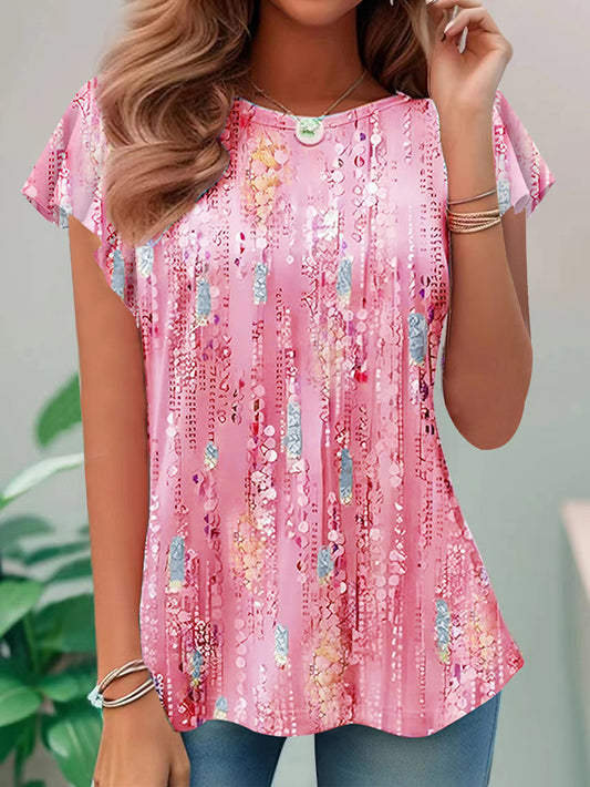Casual And Sweet Commuter Round Neck Flying Sleeves Short Sleeve