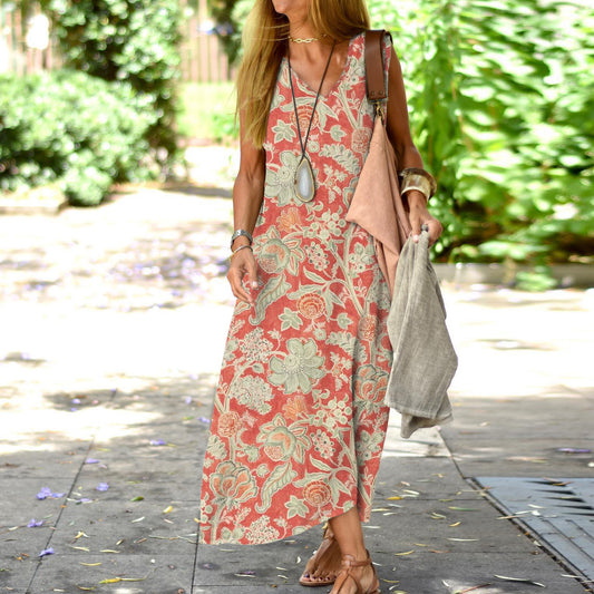 Elegant Floral Printed V-neck Sleeveless Dress