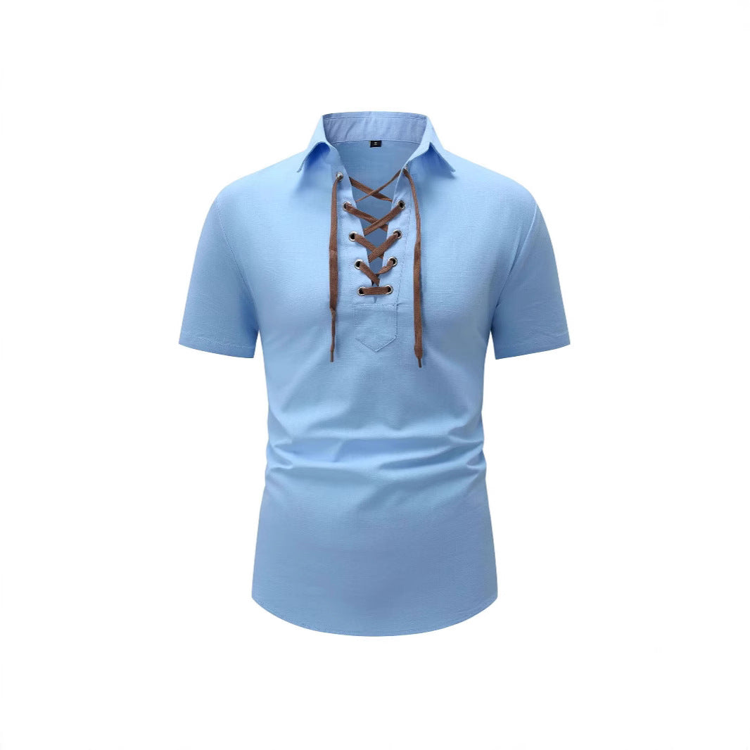 Men's Cotton And Linen Lapel Loose V-neck Lace Shirt