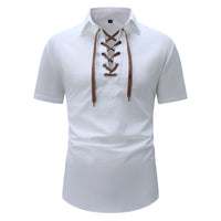 Men's Cotton And Linen Lapel Loose V-neck Lace Shirt