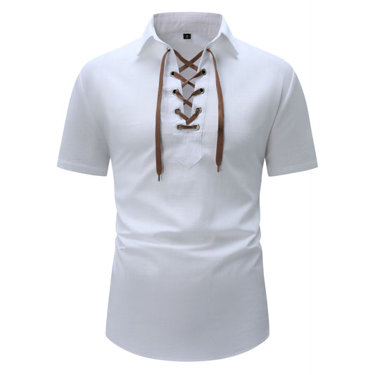 Men's Cotton And Linen Lapel Loose V-neck Lace Shirt