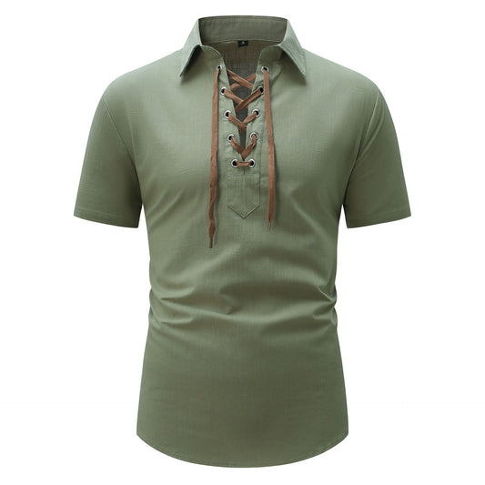 Men's Cotton And Linen Lapel Loose V-neck Lace Shirt