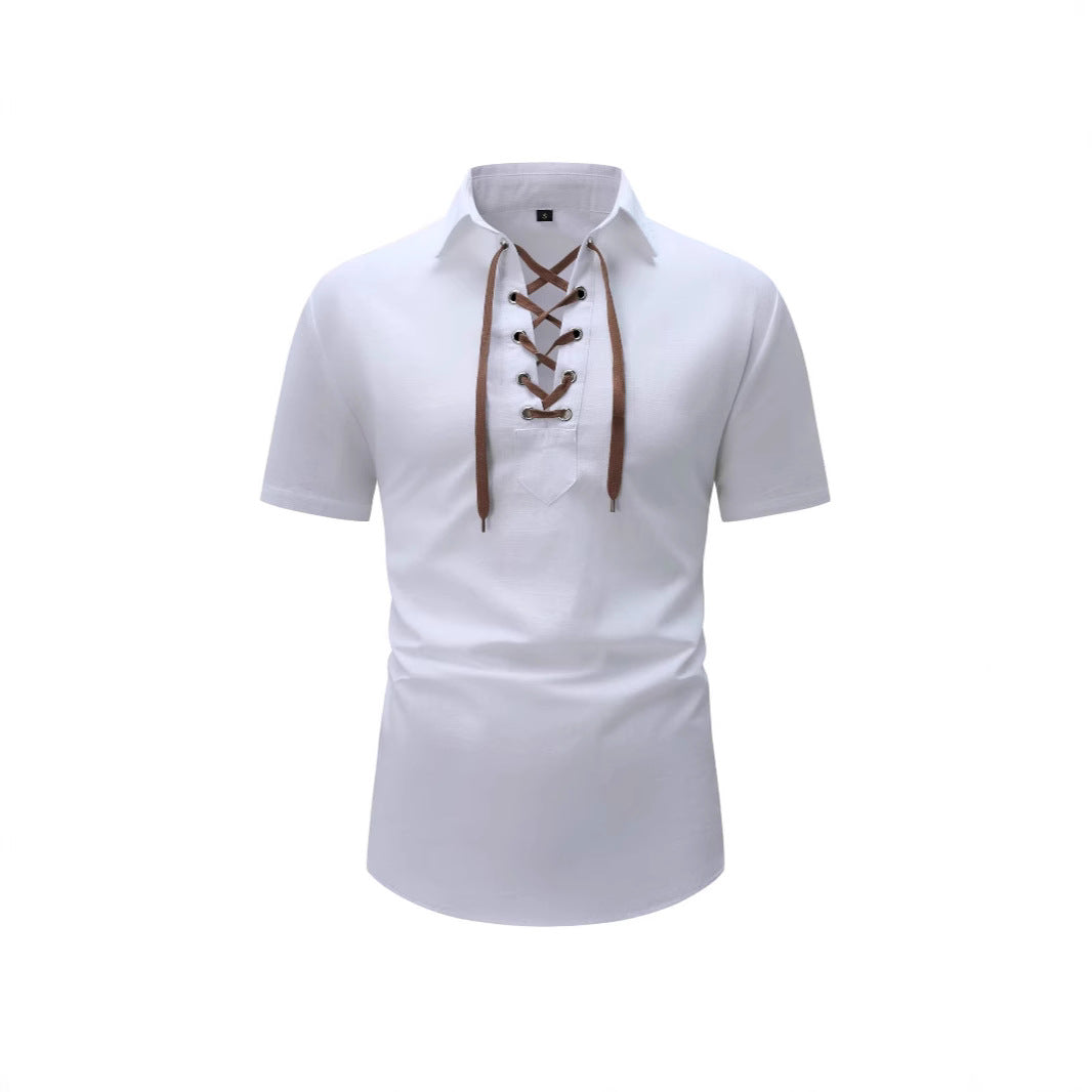 Men's Cotton And Linen Lapel Loose V-neck Lace Shirt