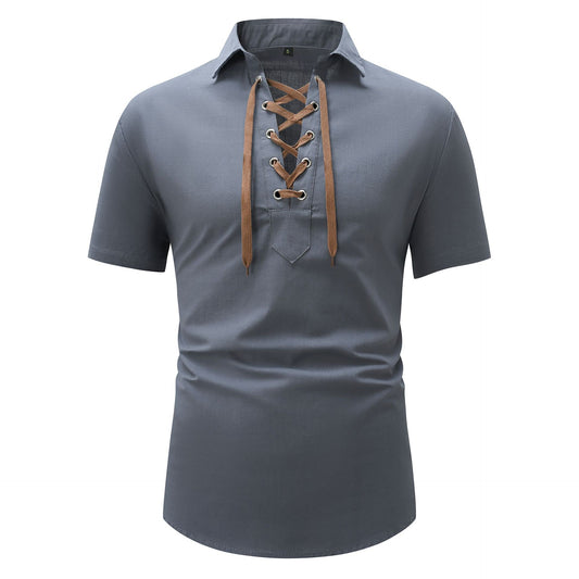 Men's Cotton And Linen Lapel Loose V-neck Lace Shirt
