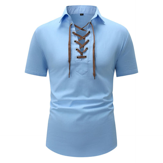 Men's Cotton And Linen Lapel Loose V-neck Lace Shirt