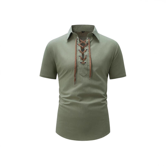 Men's Cotton And Linen Lapel Loose V-neck Lace Shirt