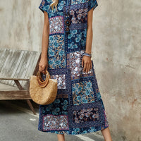 Long Printed Short Sleeve Round Neck Dress