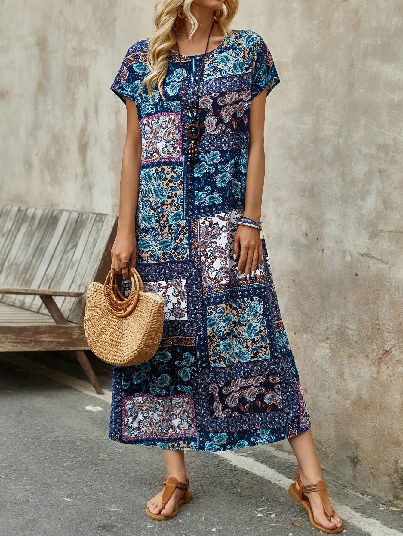Long Printed Short Sleeve Round Neck Dress