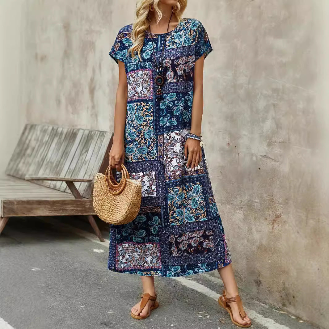 Long Printed Short Sleeve Round Neck Dress